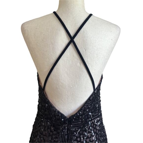 Nightway Gown Dress Navy Blue Mesh Sequins Halter Criss Criss Back Sheath Size 8 - Picture 7 of 16